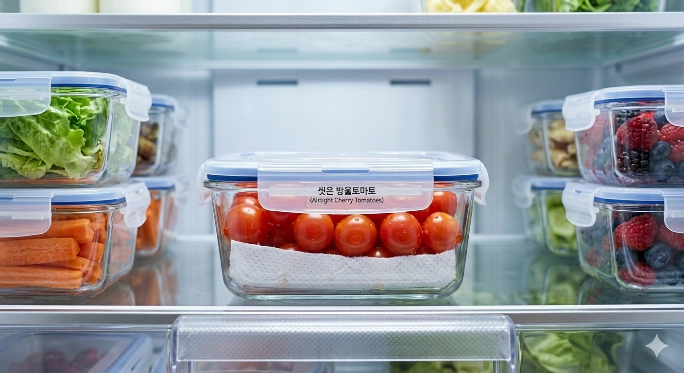 냉장고 신선칸에 밀폐 용기로 정리된 토마토, 아래에 키친타월이 깔린 모습