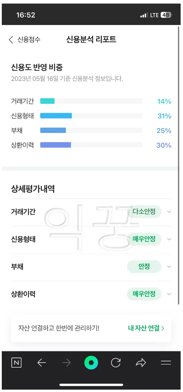 신용점수 조회 이후 신용분석 리포트 결과 사진