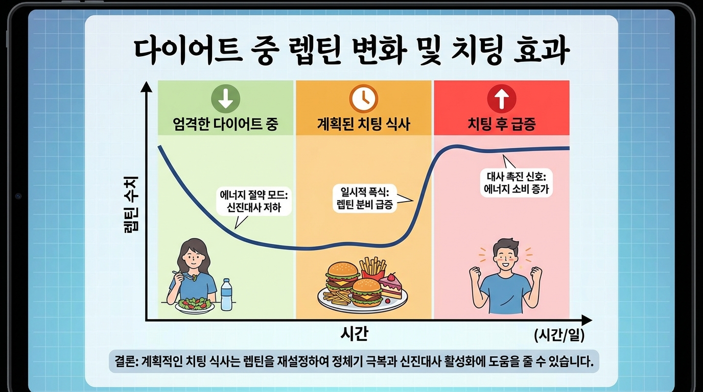 다이어트 중 떨어지는 렙틴 호르몬 수치가 치팅데이를 통해 다시 회복되는 과정을 설명하는 한국어 인포그래픽