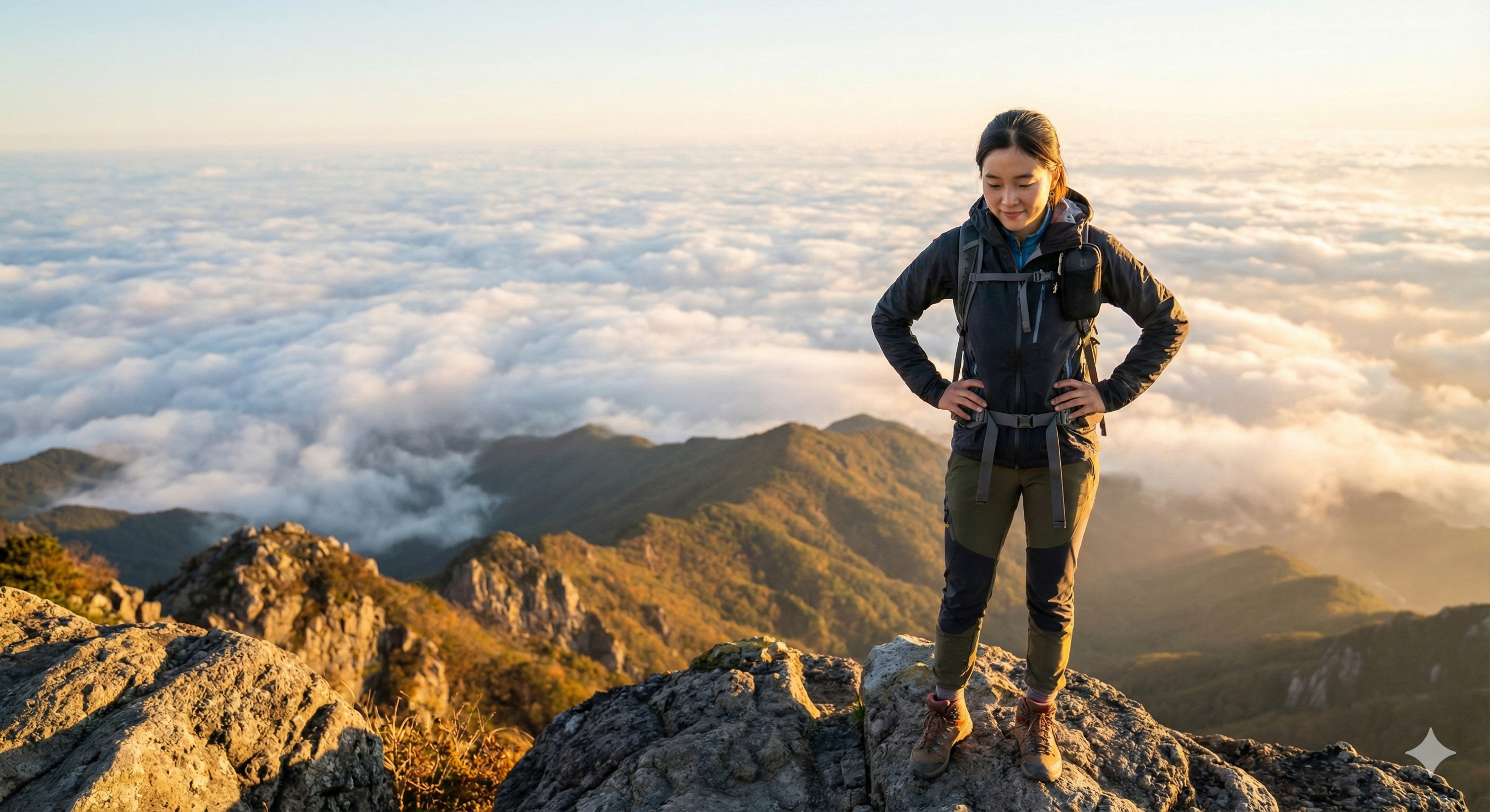 산 정상에 올라 발아래 펼쳐진 운해와 세상을 자신감 있게 내려다보는 청년, 높은 투자 성과와 비전 상징