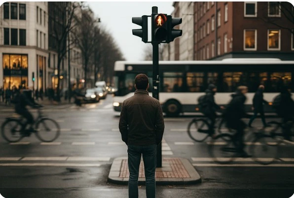 횡단보도 앞에서 휴대폰을 보지 않고 신호를 기다리며 여유를 갖는 사람의 이미지