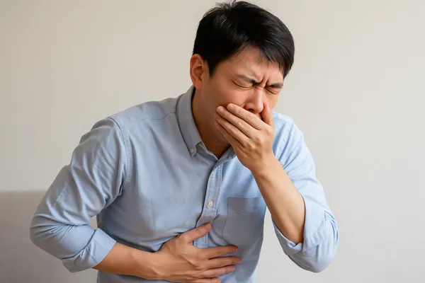 배 아픈 한국인 남성 모습