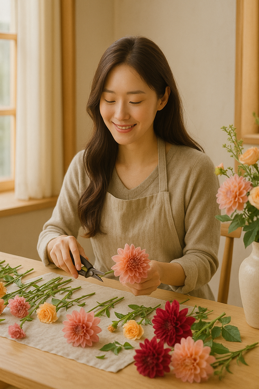A warm moment of a woman arranging flowers and preparing to welcome customers at a small flower market booth