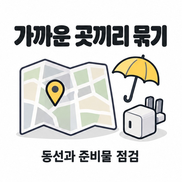 가까운 곳끼리 일정을 묶자는 문구와 지도, 우산, 충전 어댑터 그림