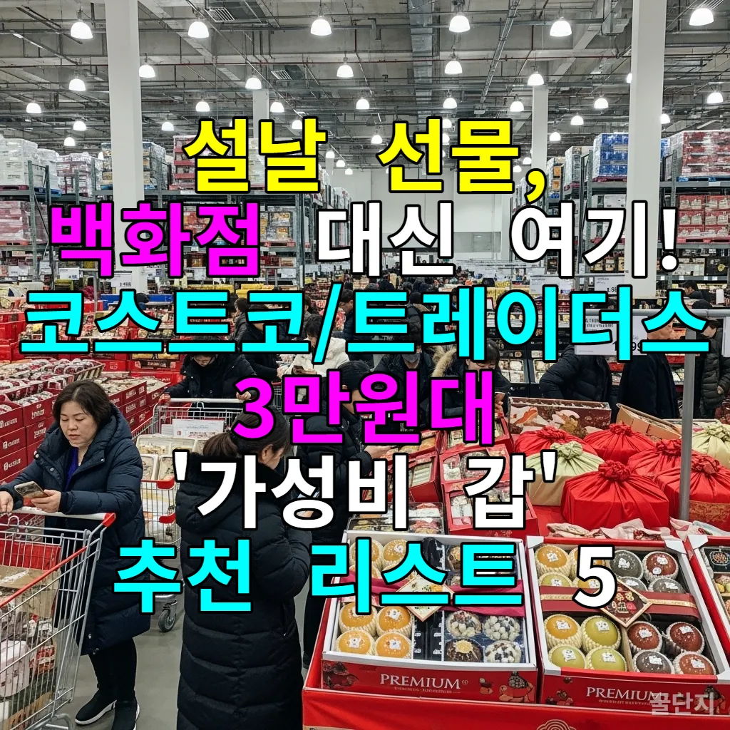 2026년 설날을 앞두고 선물 세트가 가득 쌓인 한국 코스트코 매장 내부와 쇼핑하는 사람들
