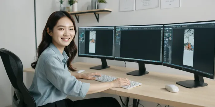 듀얼모니터 연결방법으로 디자인 작업을 하는 모습