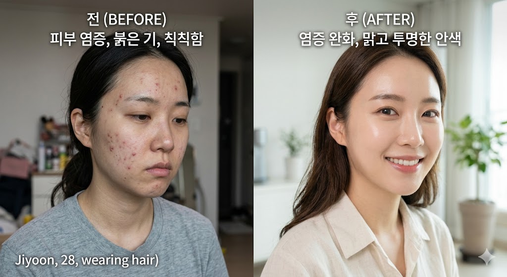 피부 염증 완화와 맑은 안색 개선 효과를 보여주는 인물 이미지.