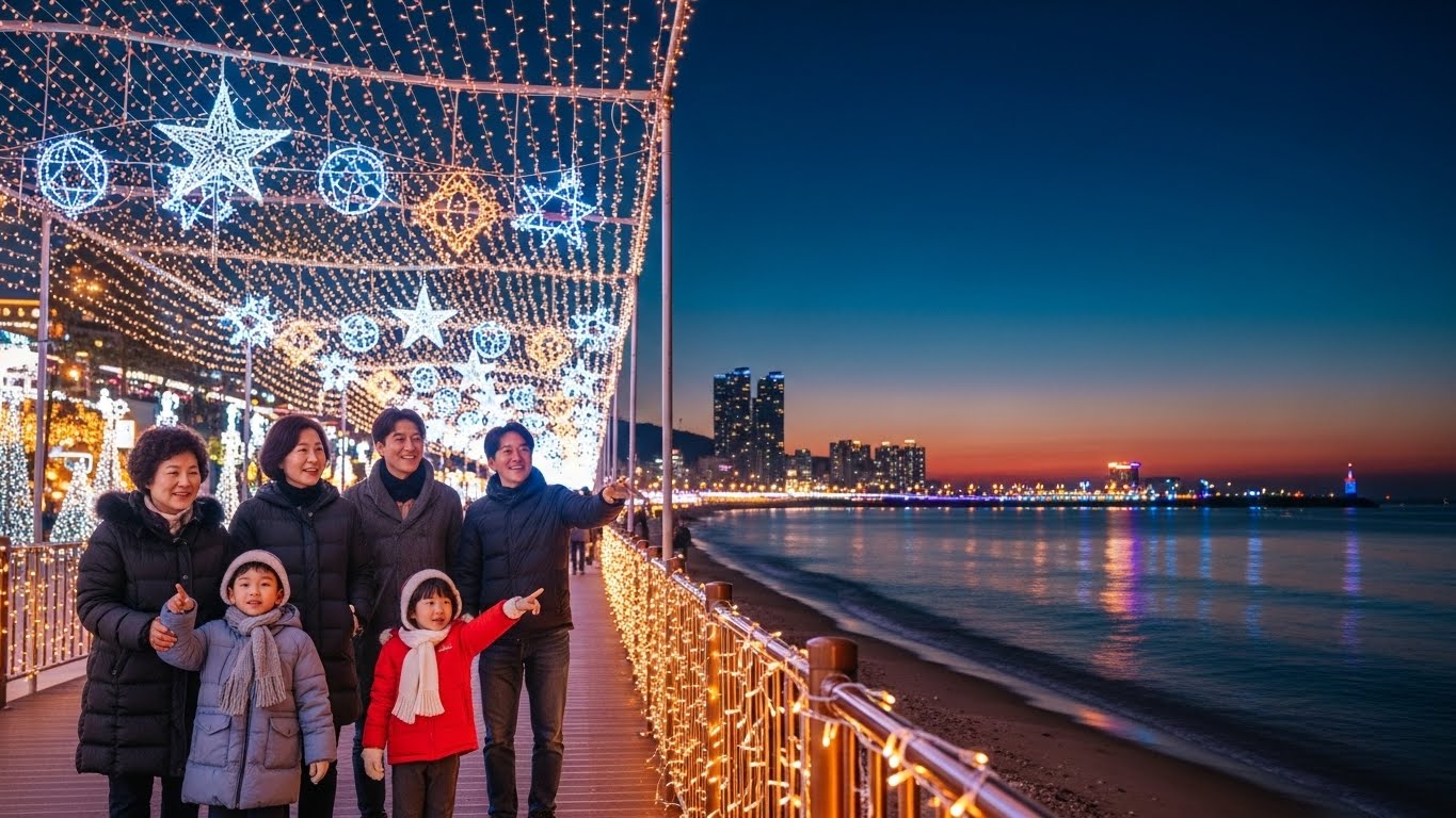 겨울 바다 가족 여행 사진