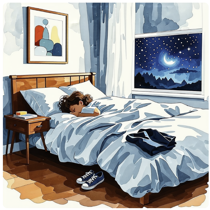 수채화 풍으로 잠자고 있는 사람 근처에 준비된 운동복과 운동화