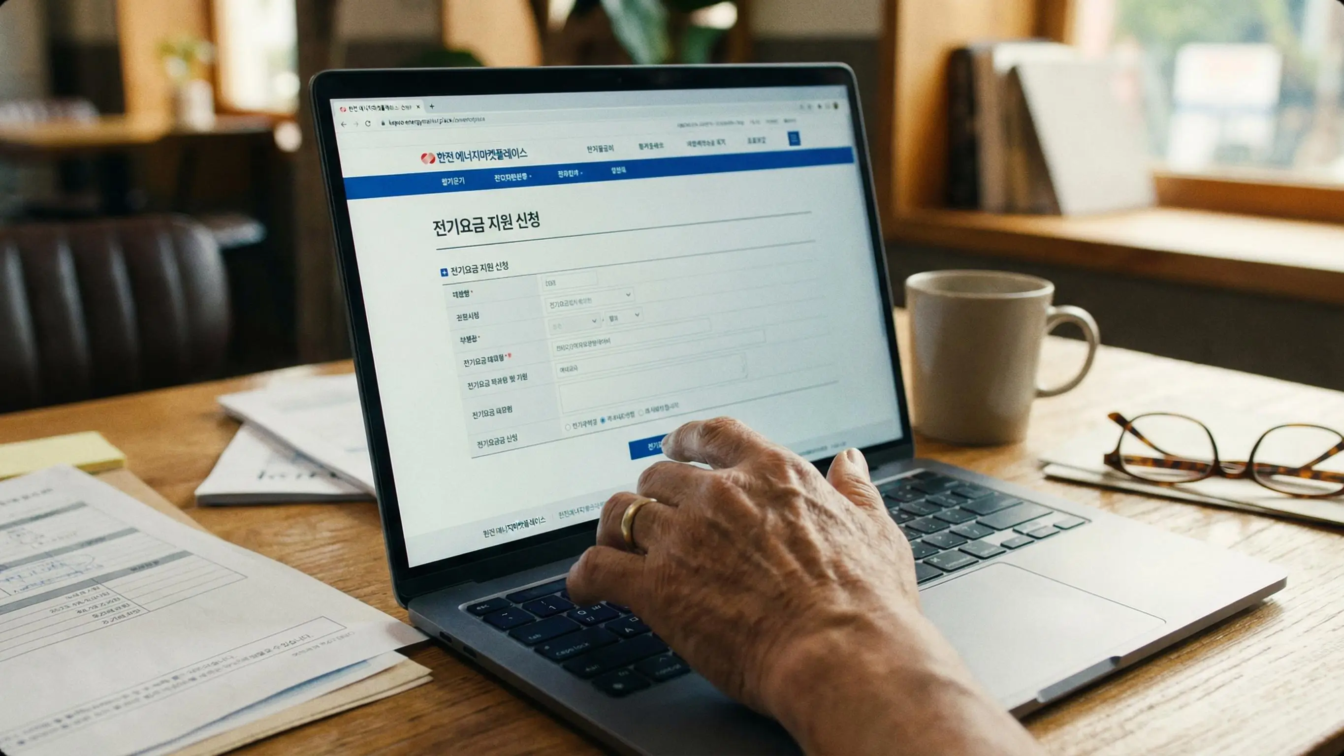 노트북 화면에 한전 에너지마켓플레이스 홈페이지를 띄워놓고 전기요금 지원을 신청하는 사장님의 손 클로즈업