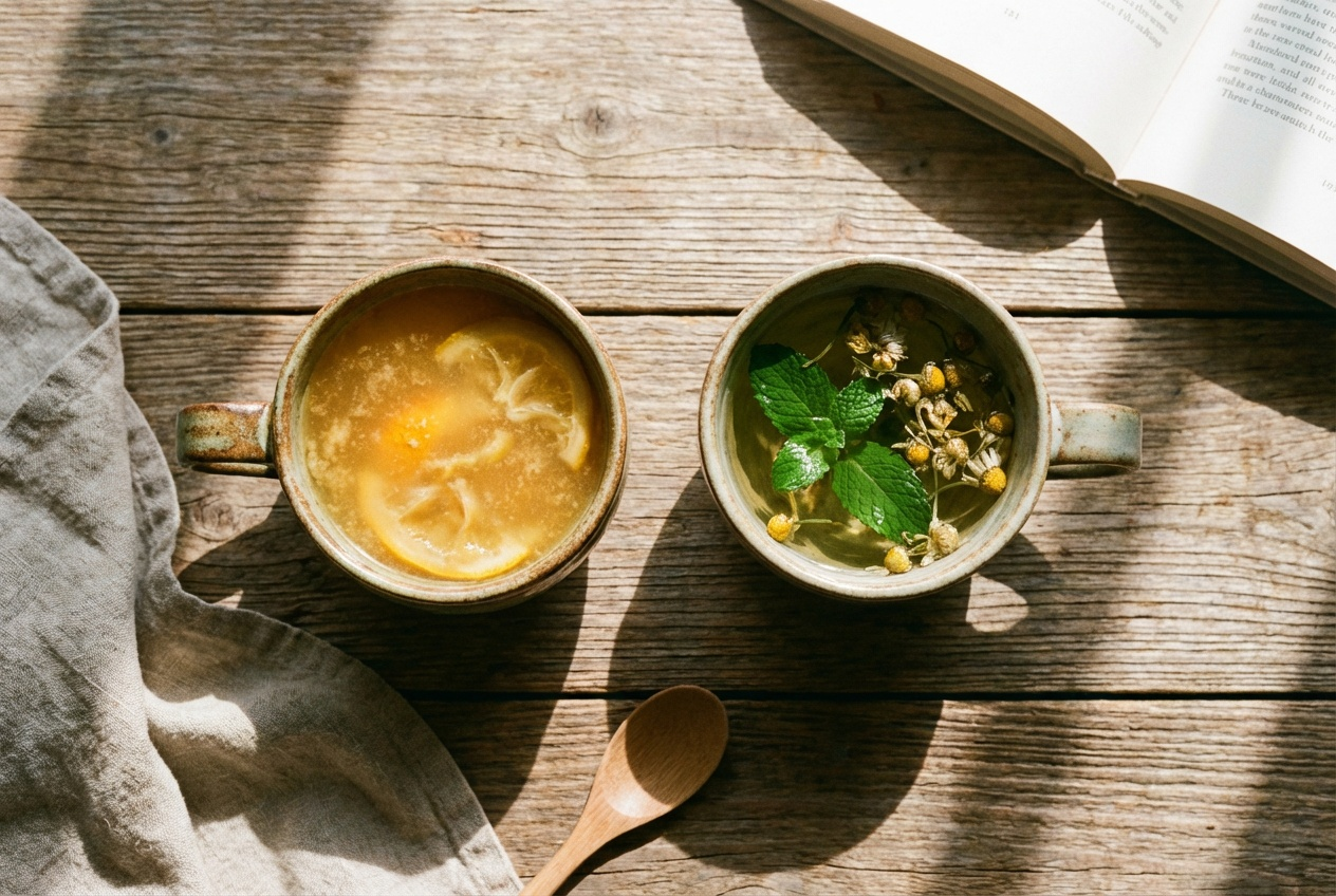 나무 테이블 위에 한국 전통 유자차와 생강차가 담긴 찻잔, 그리고 옆에 캐모마일&middot;민트 허브차 머그컵이 나란히 놓여 있는 모습