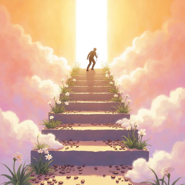 중앙에 위쪽으로 향하는 계단이 있으며, 각 계단마다 작은 식물이나 꽃이 피어있다.
계단 주변에는 부드러운 구름들이 떠있고, 상단에는 밝은 빛이 비춰지고 계단을 오르는 작은 실루엣 인물이 중간 지점에 서있디.