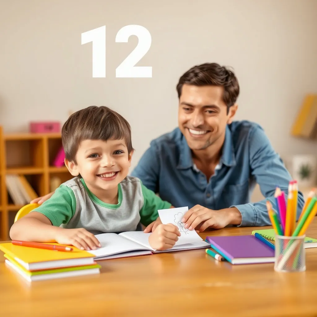 책상에 앉아있는 초등학생 정도의 아이가 옆에 있는 부모와 함께 밝게 웃는 모습입니다. 아이의 연령대가 12세임을 짐작할 수 있는 소품(학용품, 작은 그림 등)을 활용하고, 배경에는 '12'라는 숫자를 은은하게 배치하여 변화된 제도를 직관적으로 표현합니다.
