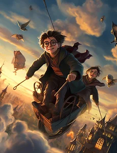 alt=" 하늘을 나고 있는 해리포터와 소년들