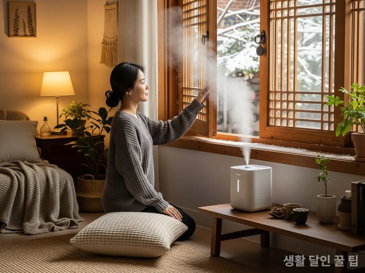 겨울철 실내 환기를 위해 창문을 여는 한국 여성의 모습
