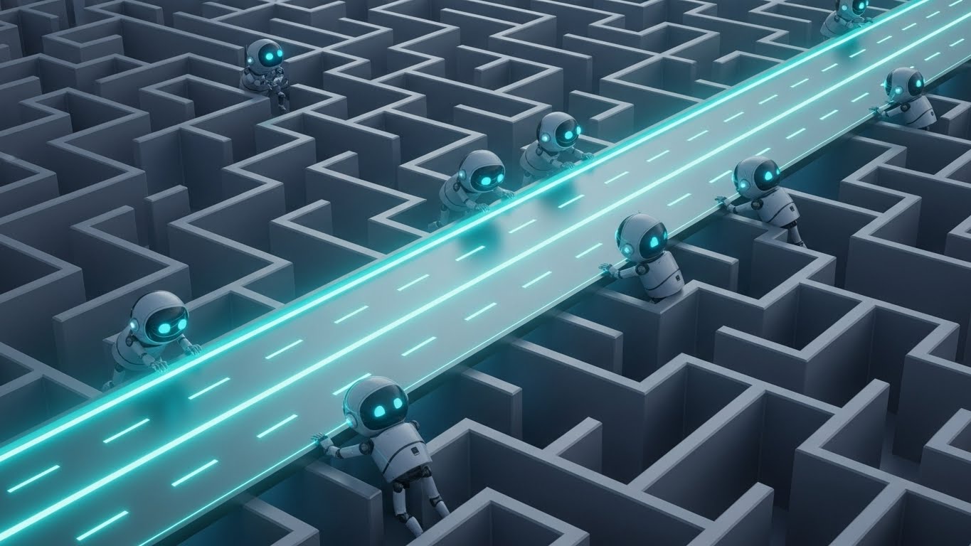 복잡한 업무 프로세스를 AI 기술을 통해 효율적인 고속도로로 재설계하는 과정을 묘사한 일러스트