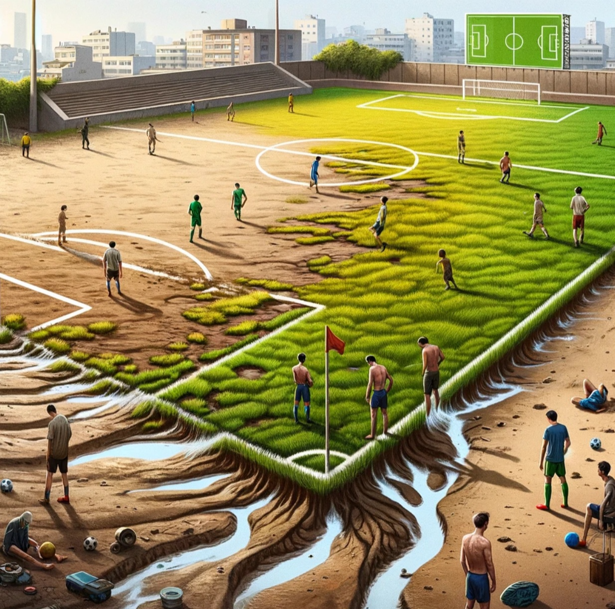 한국 축구장의 잔디 품질 문제점 관련 사진