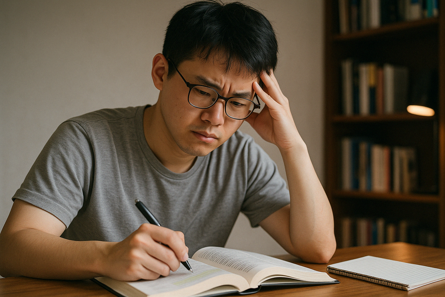 공부에-집중하려-애쓰는-남성-공시생이-책상에-앉아-고민하며-책을-읽고-메모하는-장면