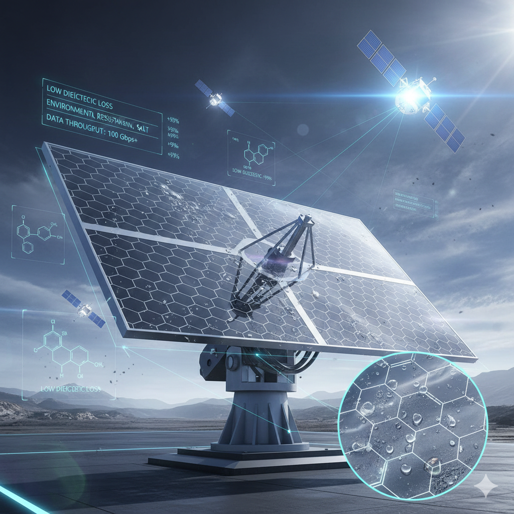 우주 저궤도 위성과 통신하는 지상국 안테나 인프라 및 상아프론테크의 ETFE 보호필름 기술력을 보여주는 첨단 우주 소재 인포그래픽