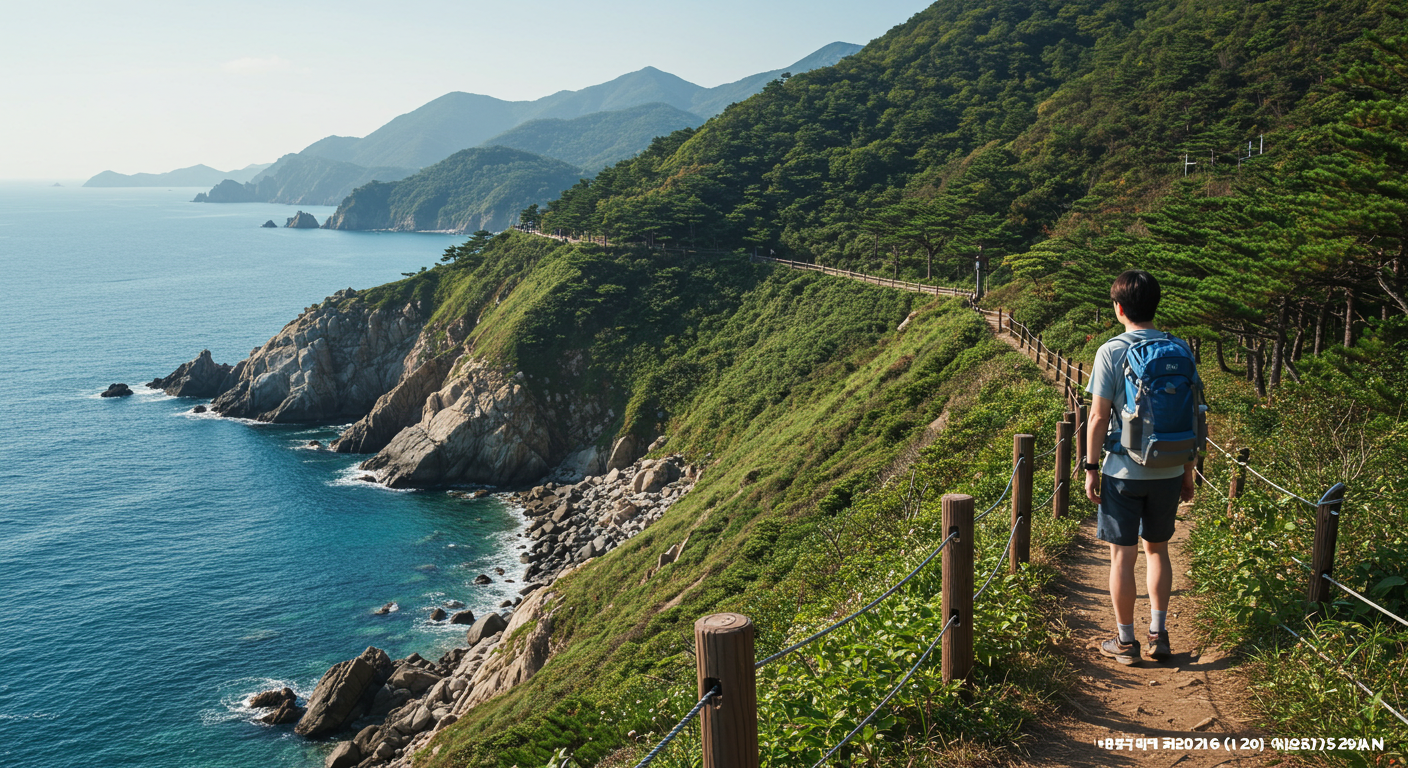 강원도의 바다, 숲, 호수가 어우러진 트래킹 코스를 걷는 한국인