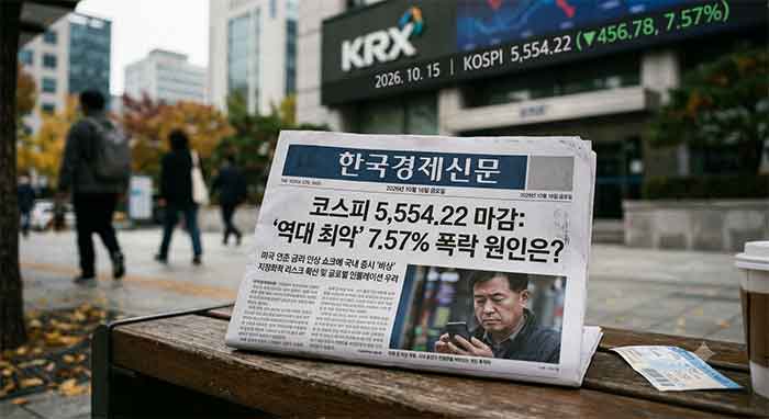 2026년 10월 15일 코스피 폭락 소식을 다룬 신문.