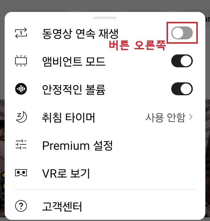 메뉴창에 동영상 연속 재생 메뉴 보임