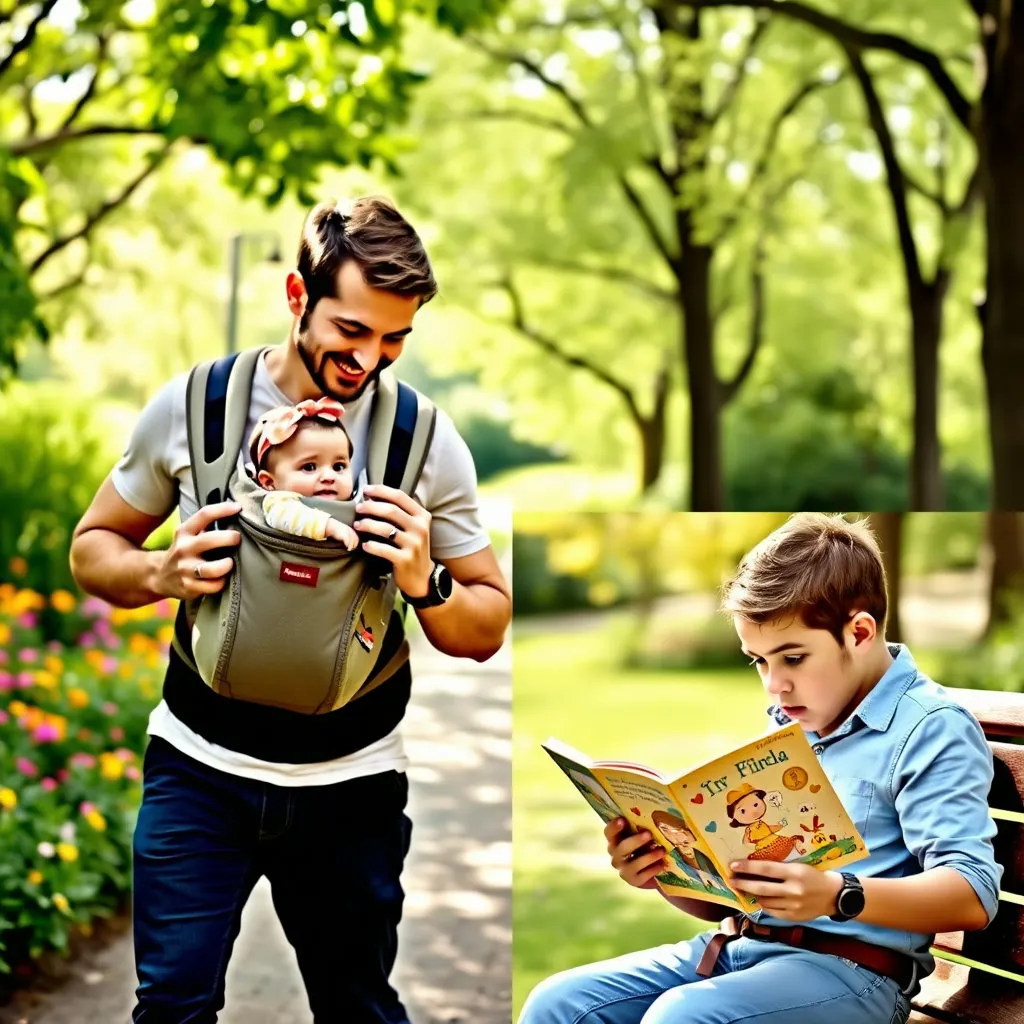 아빠가 아기띠를 메고 아이와 함께 공원을 산책하거나, 아기와 눈을 맞추며 책을 읽어주는 다정한 모습입니다. 활동적이고 자상한 아빠의 이미지를 강조하여 남성 육아휴직에 대한 긍정적인 인식을 고취합니다.