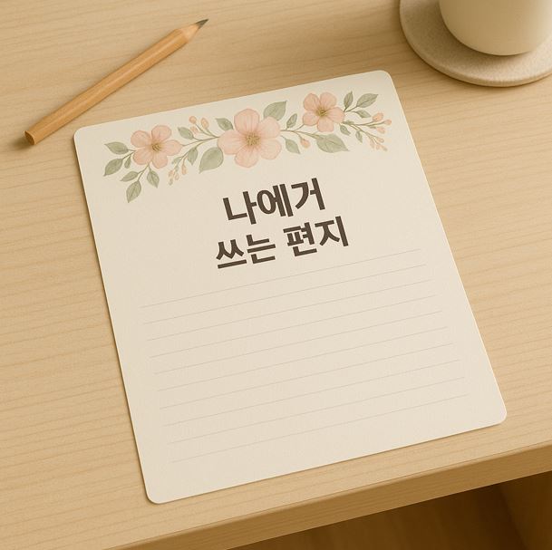 책상 위 편지지에 나에게 쓰는 편지 라는 글이 적혀 있는 이미지