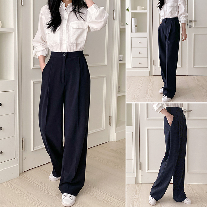 하이웨스트 밴딩 여자슬랙스 겨울 여성기모바지 와이드슬랙스 핀턱 우먼와이드팬츠 통바지 정장