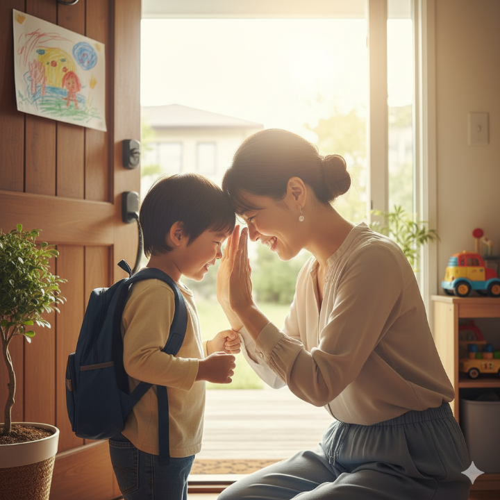 양육자와 아이가 웃으며 특별한 작별 인사를 나누는 모습