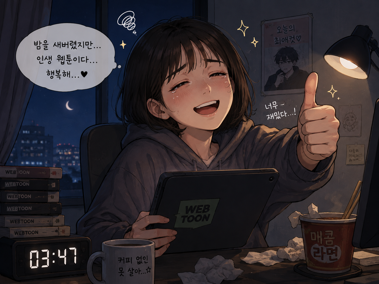 밤을 새며 웹툰을 봐서 피곤하지만 행복한 독자의 모습