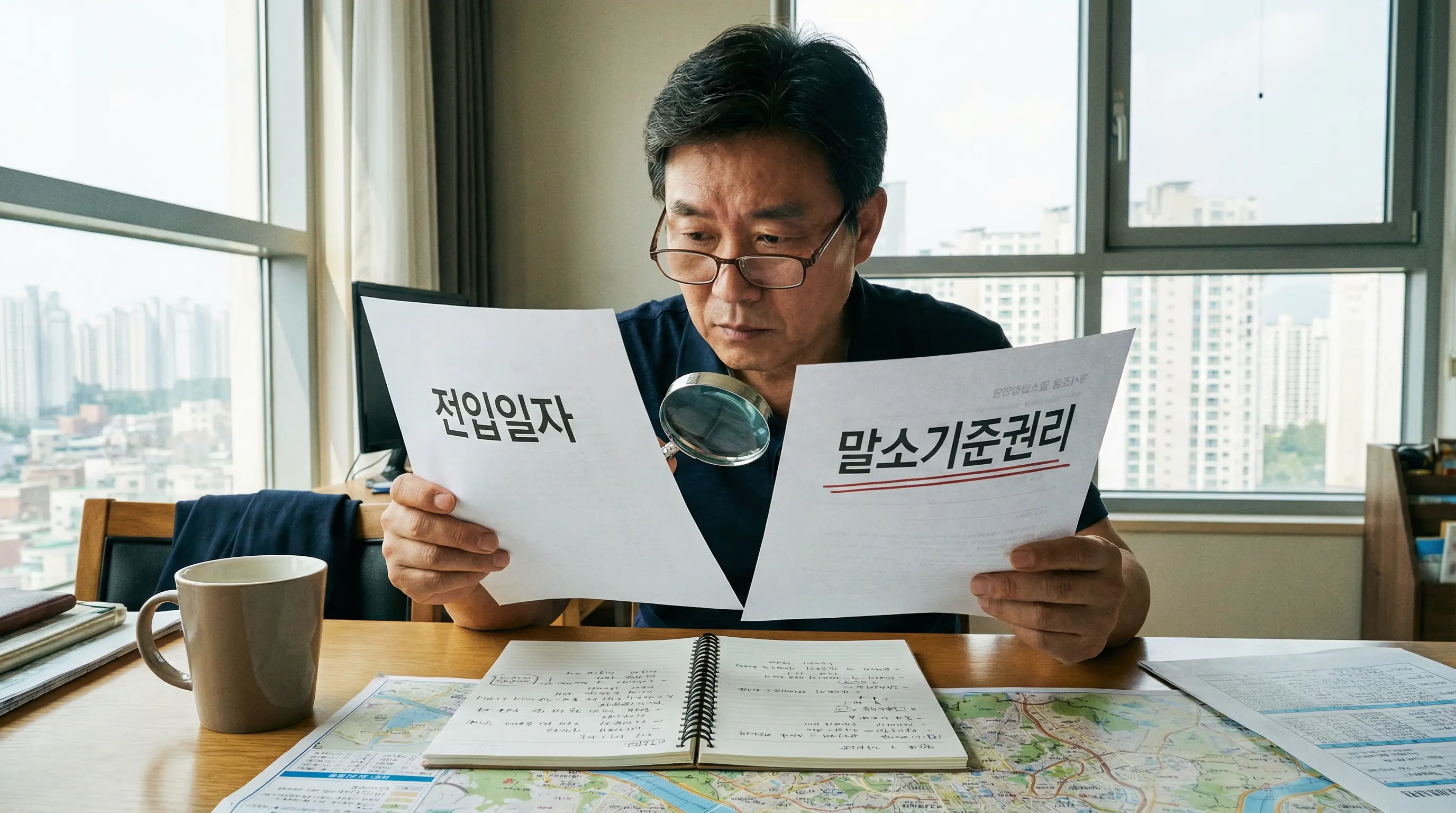 경매 물건 서류를 검토하며 세입자의 전입일자와 말소기준권리를 비교하는 투자자의 집중하는 모습