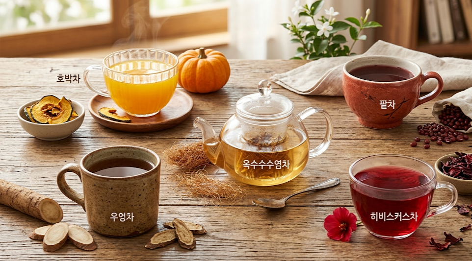 붓기 빠지는 차 추천, 호박차, 팥차, 우엉차, 히비스커스차 효능 정리 이미지