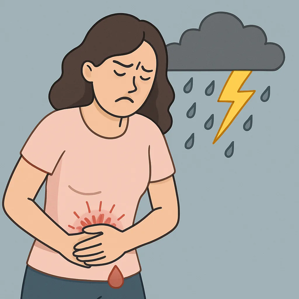 날씨가 흐린 날 복통을 겪는 여성을 표현한 생리통과 날씨의 관련성 일러스트