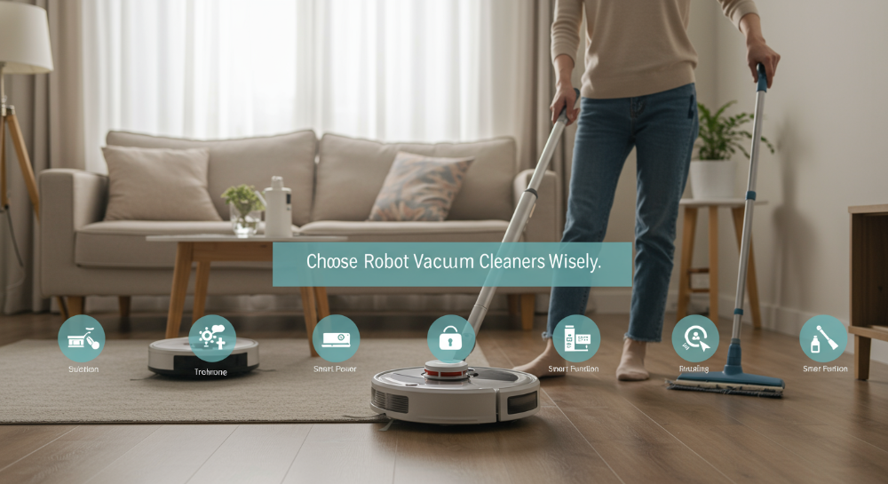 다양한 로봇청소기 모델들이 놓여 있는 깔끔한 거실 배경, 가격대별 성능 비교를 시각적으로 보여주는 이미지