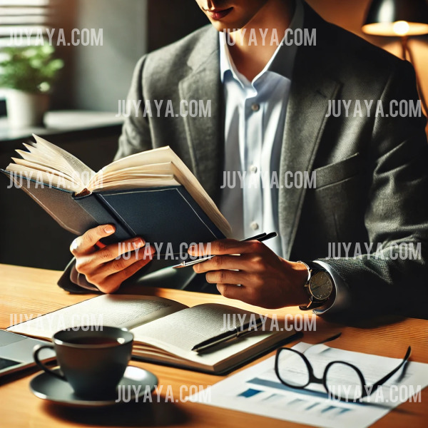 직장인이 책상에서 업무 관련 서적을 읽으며 공부하는 모습. 노트와 펜을 사용해 중요한 내용을 정리하는 장면.