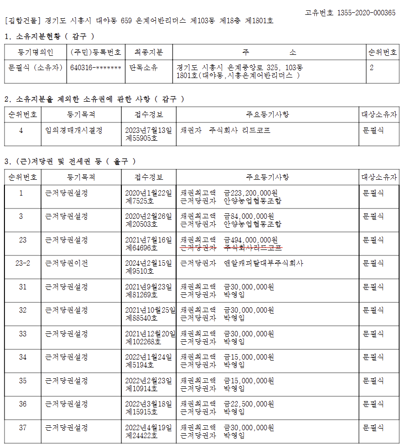 시흥 은계어반리더스 경매 물건 등기부등본(2023타경57957 )