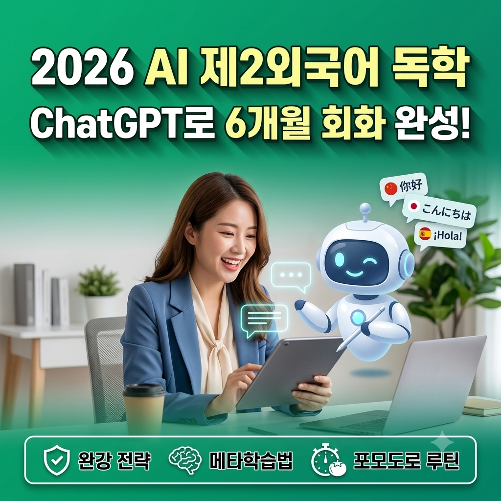 '2026 AI 제2외국어 독학'을 주제로, 태블릿을 보며 미소 짓는 여성과 다국어 말풍선을 띄운 AI 튜터 로봇, 그리고 '완강 전략, 메타학습법, 포모도로 루틴' 배너가 포함된 블로그 썸네일 이미지입니다.