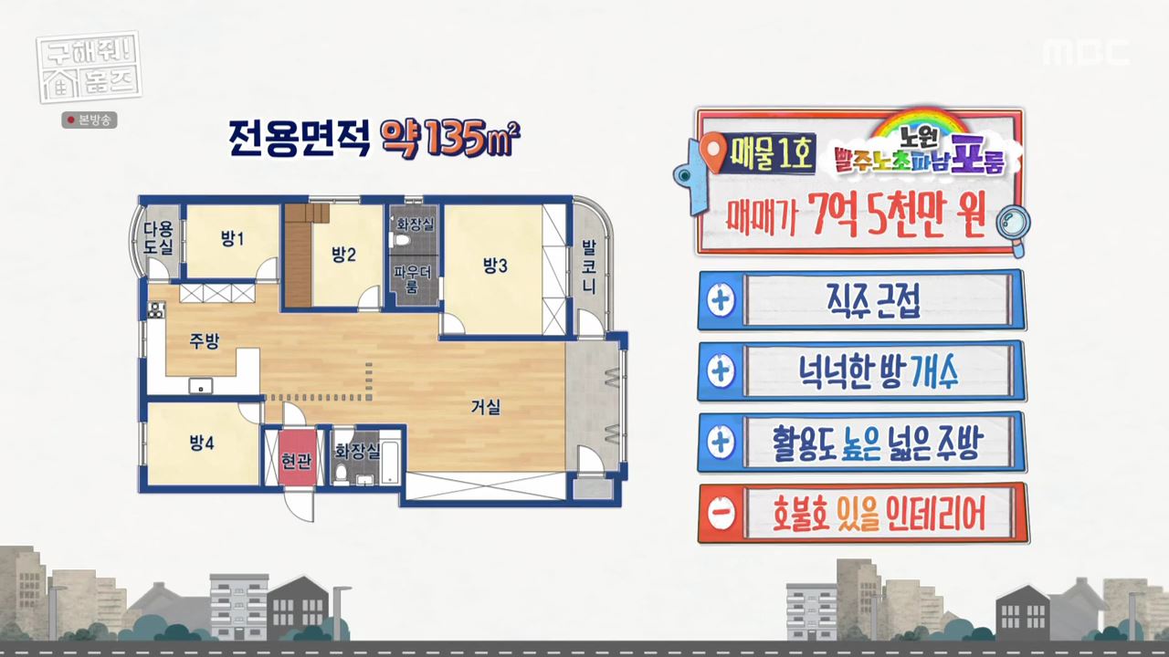 구해줘홈즈 중계역 1시간 북서울 남양주 리모델링 아파트 신축 7-8억 최대 9억 예산 북서울 체크인 노원 빨주노초파남포룸 VTOV아파트 뷰로드웨이 별내작사 리모작곡 매물