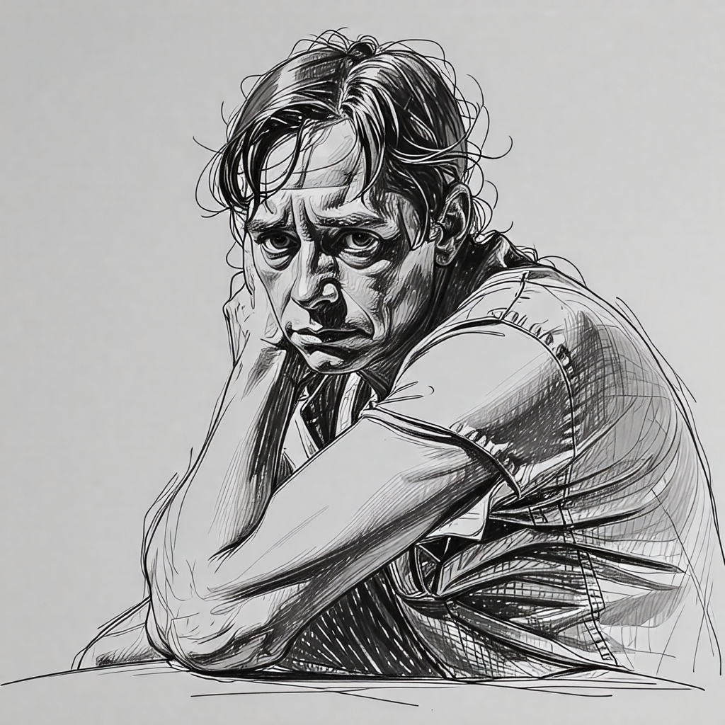 축 처진 자세 표현 연필 드로잉