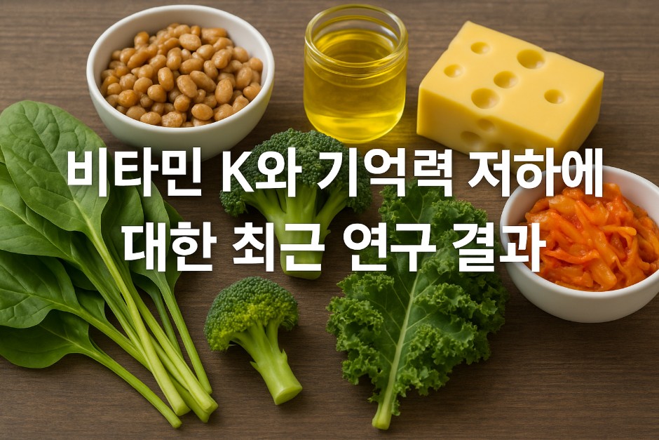테이블 위에 시금치, 브로콜리, 케일, 낫토, 치즈, 김치, 식용유 등 비타민 K가 풍부한 식품들이 정갈하게 배열되어 있다. 중앙에는 "비타민 K와 기억력 저하에 대한 최근 연구 결과"라는 한글 문구가 크게 삽입되어 시선을 끈다. 식품의 색감이 선명하게 표현되어 건강과 영양 정보를 직관적으로 전달한다.