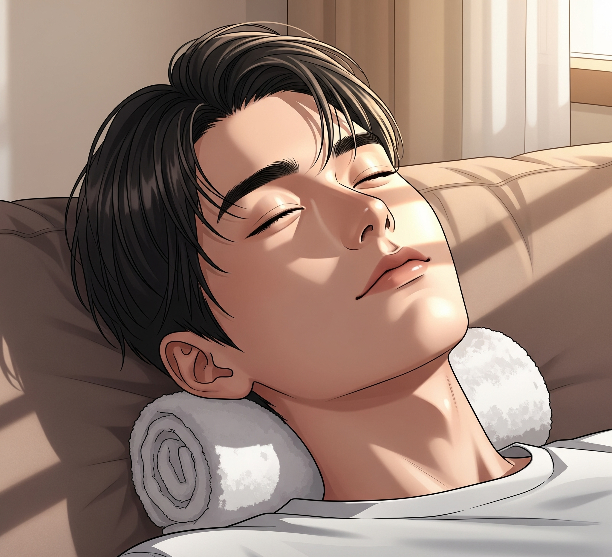 목에 수건을 받치고 누워있는 남자 일러스트