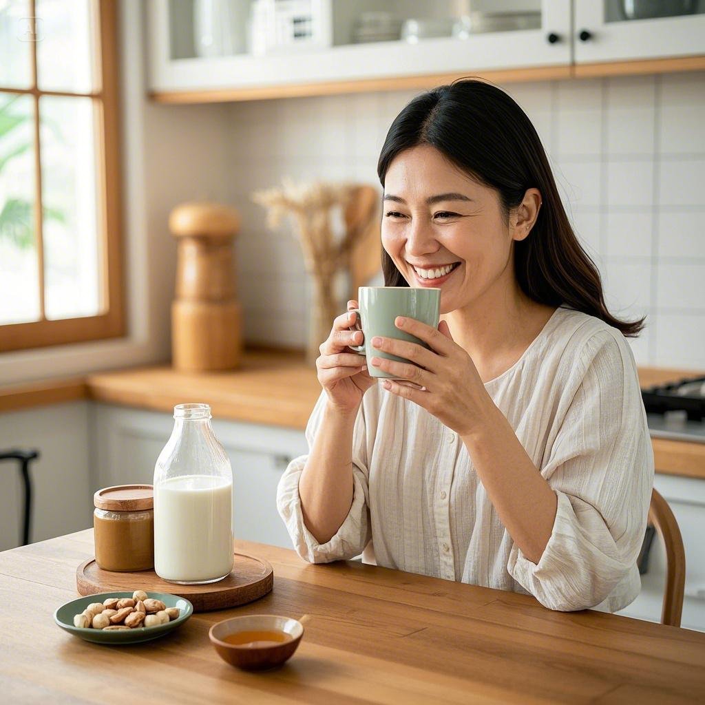여성이 두유와 꿀로 만든 믹스 커피를 마시며 미소 짓는 모습 사진