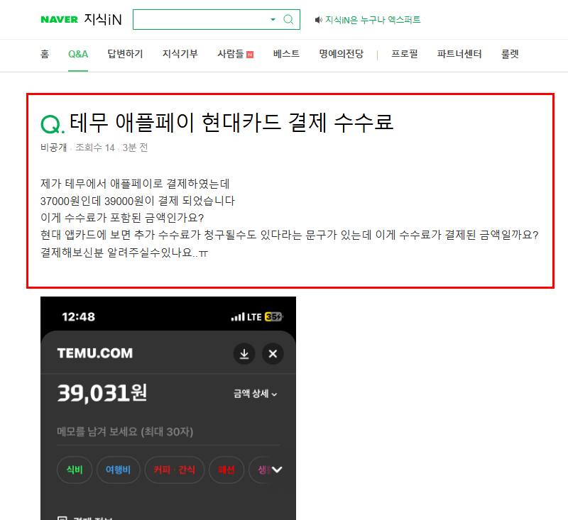 테무 애플페이 수수료 질문