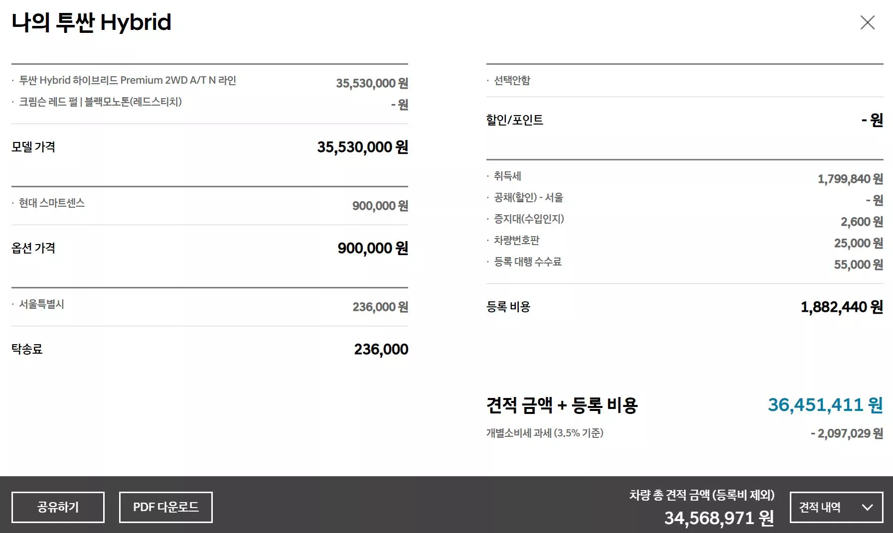 프리미엄 트림에 현대 스마트센스를 더한 견적입니다.