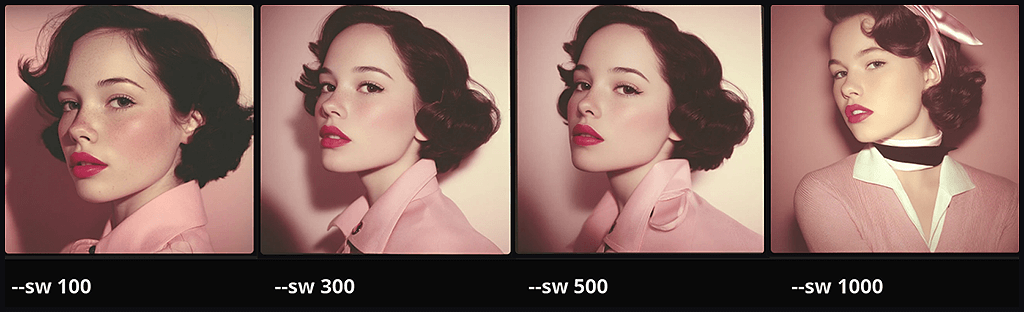 미드저니 스타일 가중치(--sw)를 적용하여 생성된 여성의 인물 사진_Midjourney