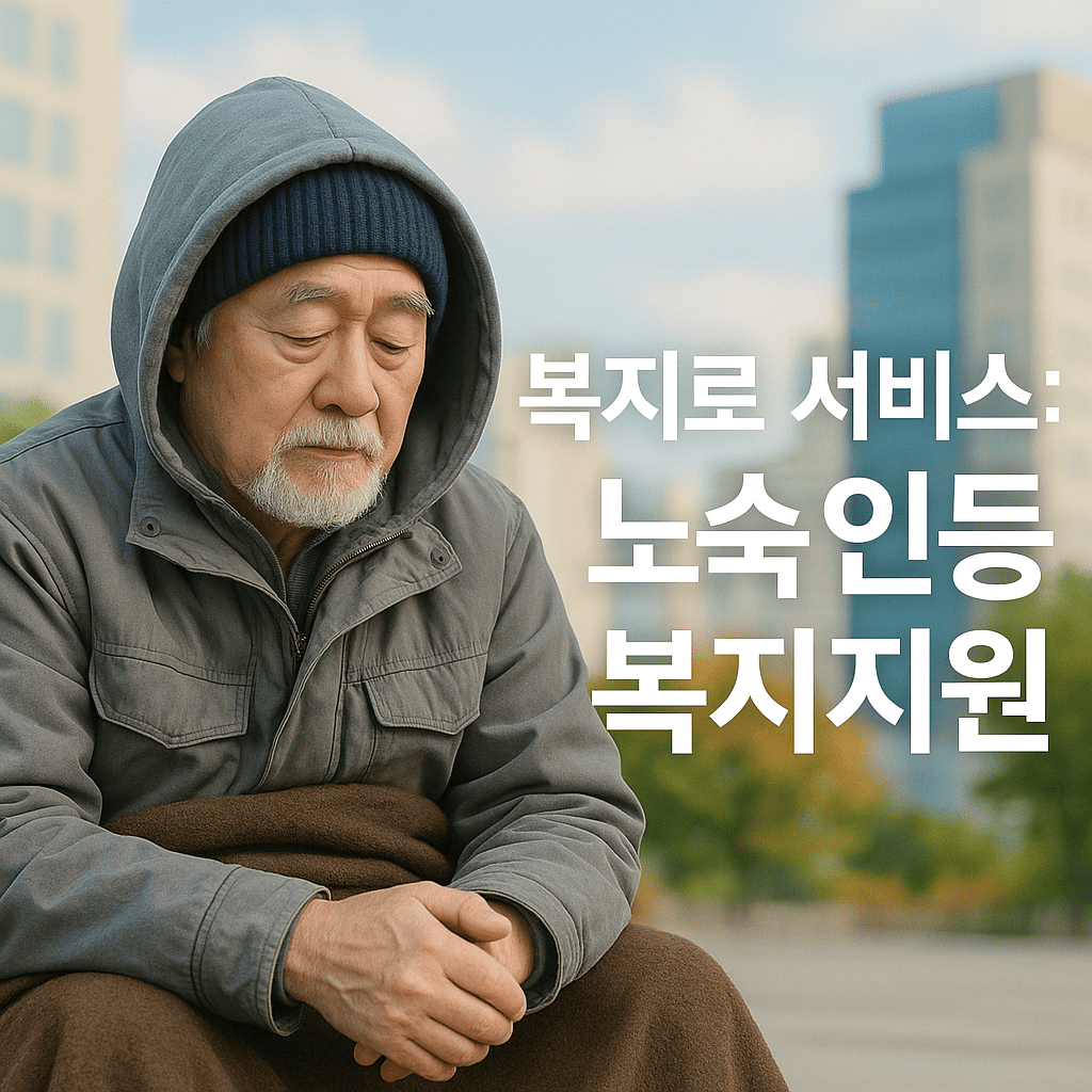노숙-노인을-돕는-복지로-서비스-따뜻한-표정의-한국인-노년-남성이-회색-후드-점퍼와-니트-비니를-착용하고-추상화된-도심-건물-배경으로-앉아-있음-차분하고-따뜻한-색감-강조된-복지지원-강조하는-글씨-배치