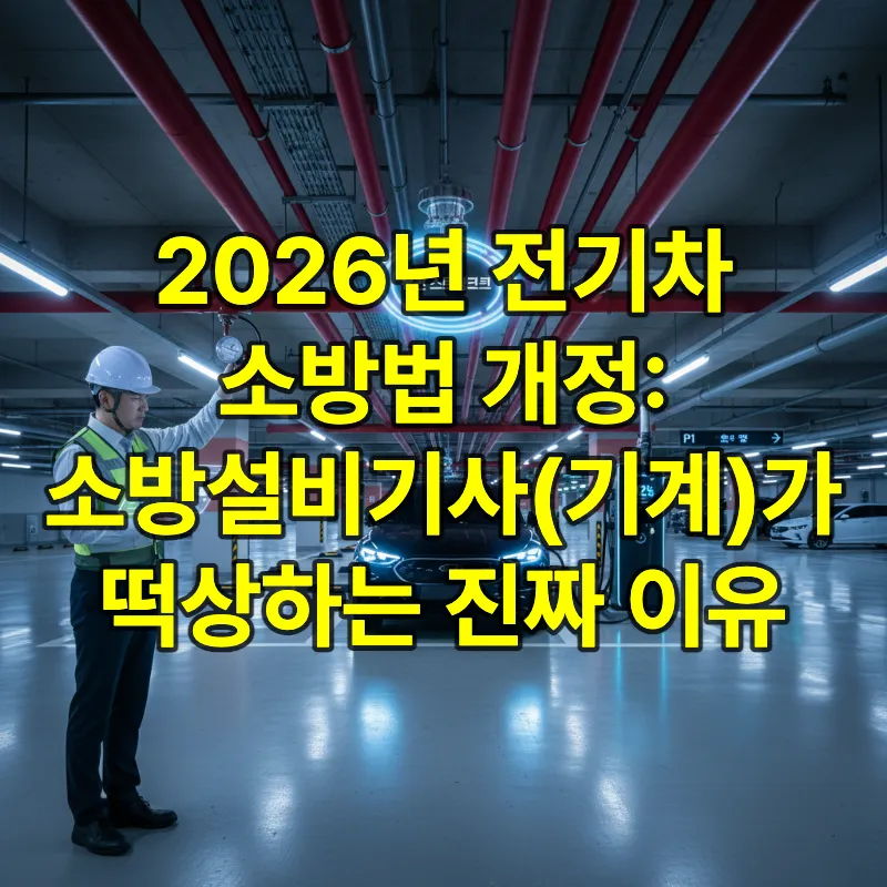 2026년 소방법 개정으로 지하주차장 전기차 충전구역에 설치된 습식 스프링클러 시스템을 점검하는 소방설비기사(기계) 전문가의 모습
