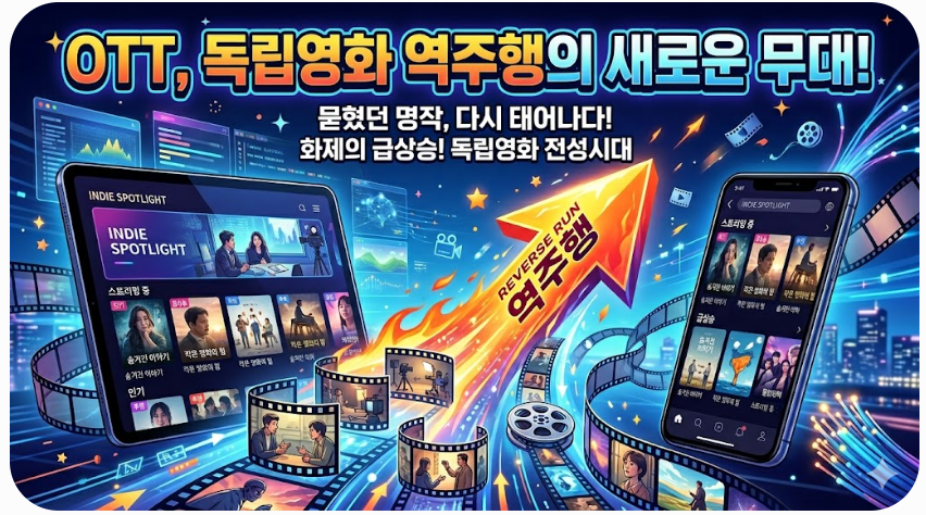 미래적인 네온 도시를 배경으로, 불타오르는 주황색 '역주행' 화살표가 상승하는 역동적인 일러스트레이션입니다. 상단에는 'OTT, 독립영화 역주행의 새로운 무대!'라는 대형 텍스트가 있습니다. 화살표 양옆으로는 독립영화 콘텐츠가 담긴 태블릿과 스마트폰이 있으며, 두 기기를 휘감는 필름 스트립과 릴이 보입니다. 데이터 차트와 그래프가 배경에 떠 있어 발견과 인기를 강조합니다.