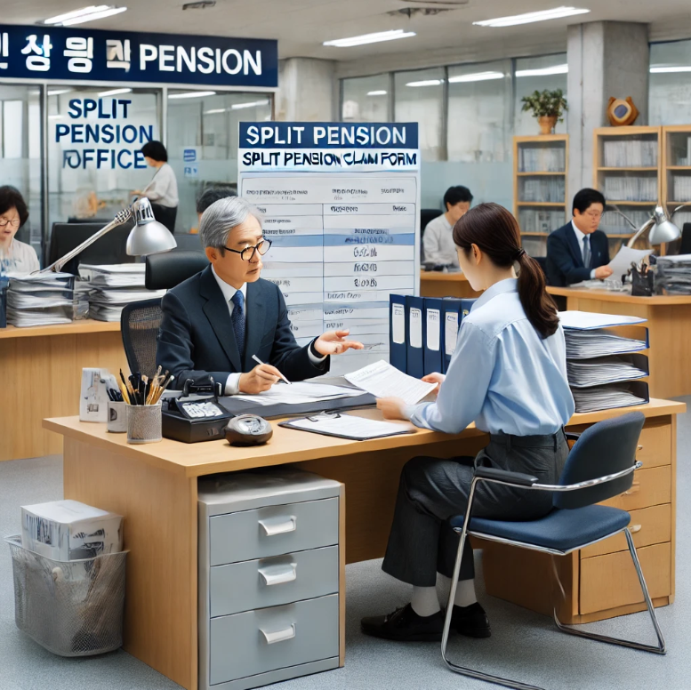 연금 사무소에서 분할연금 청구서를 제출하는 장면